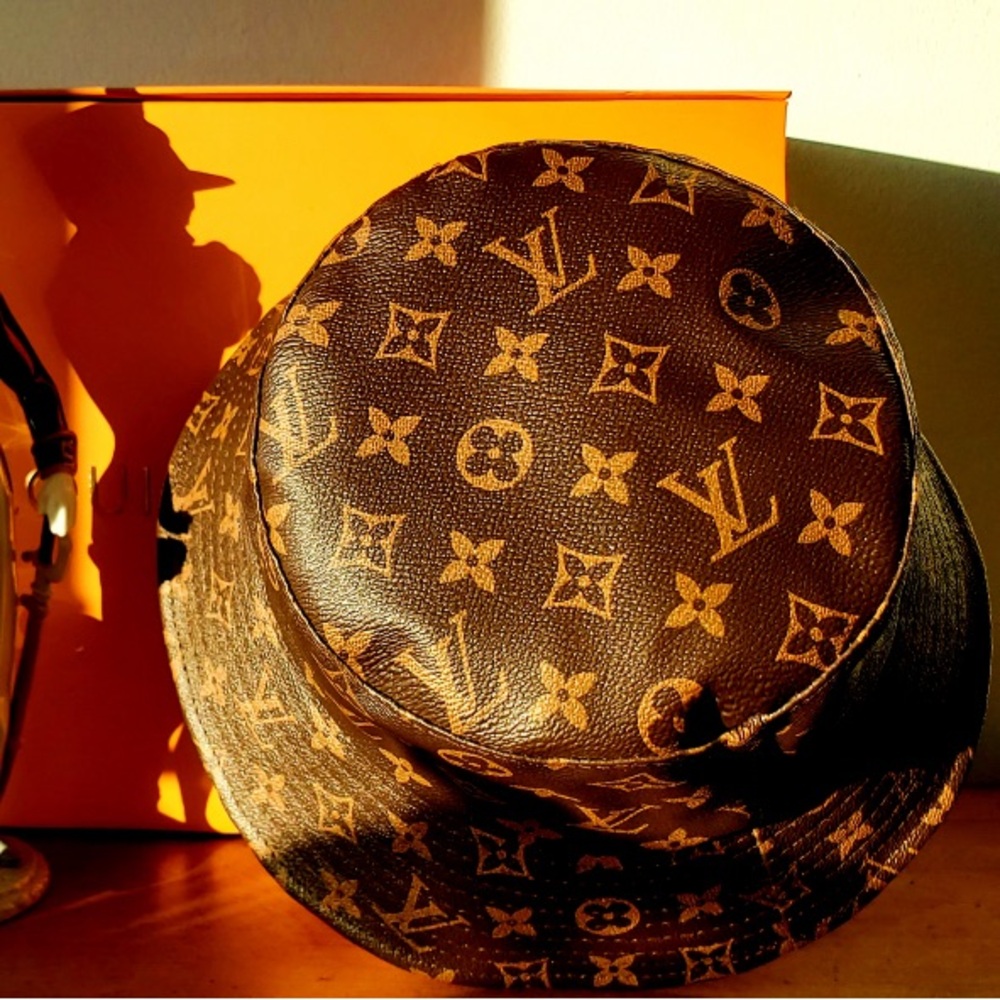 Louis Vuitton LV Brown Calf Skin Leather Monogram Jacquard Brown Bucket Hat - Picture 8 of 16